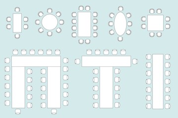 Furniture top view. Set of outline isolated tables and chairs for interior. Vector seating plan for wedding and banquet guests, apartments, living room, bedroom, kitchen. Floor blueprint.