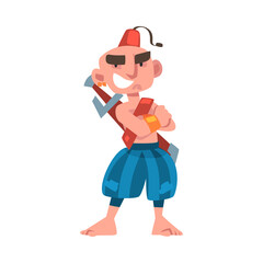 Barefoot Pirate or Buccaneer with Saber with Angry Grin Standing with Folded Arms Vector Illustration