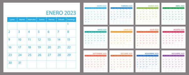Spanish vector calendar planner 2023, schedule month calender, organizer template. Week starts on Monday. Business personal page. Modern simple illustration - obrazy, fototapety, plakaty