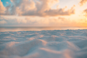Amazing closeup beach sunset, endless blurred horizon, incredible dreamy sunlight. Relax, tranquility bright beach sand, rays. Positive energy serene solitude sea view. Summer beach golden skyline - obrazy, fototapety, plakaty