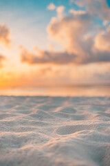 Amazing closeup beach sunset, endless blurred horizon, incredible dreamy sunlight. Relax, tranquility bright beach sand, rays. Positive energy serene solitude sea view. Summer beach golden skyline
