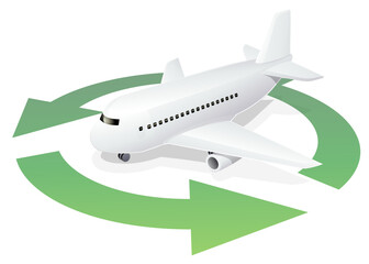 White airliner in the middle of a circular symbol with the three green recycling arrows