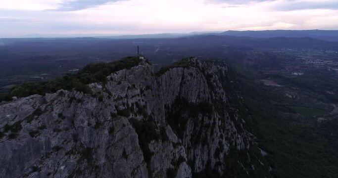 Sunset Aerial view of the Pic St Loup in Occitanie South of France