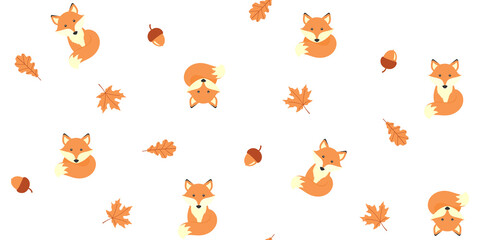 Cute fox, acorns, maple and oak leaves on a white. Autumn endless texture with adorable animal. Vector seamless pattern for cover, wrapping paper, packaging, surface texture, printing on clothes, bags