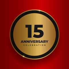15 years anniversary celebration background. Celebrating 15th anniversary event party poster template. Vector golden circle with numbers and text on red square background. Vector illustration