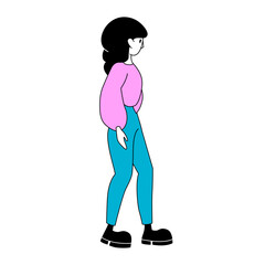 Side view vector image of a woman or girl in a sweater, jeans and rough boots.
