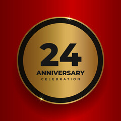 24 years anniversary celebration background. Celebrating 24th anniversary event party poster template. Vector golden circle with numbers and text on red square background. Vector illustration