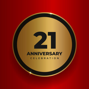 21 years anniversary celebration background. Celebrating 21st anniversary event party poster template. Vector golden circle with numbers and text on red square background. Vector illustration