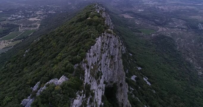 Sunset Aerial view of the Pic St Loup in Occitanie South of France