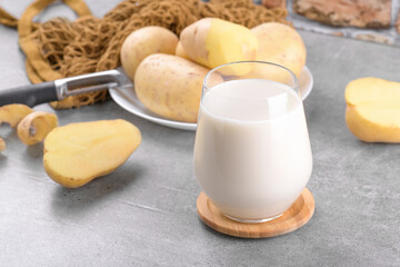 Vegan potato milk in a glass and potato tubers on grey stone table background. Plant based alternative milk replacer and lactose free, Trendy healthy vegetarian and vegan drink concept