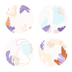 Set of round icons with organic shapes and botanical elements.Vector highlight story cover icons for social media.Abstract minimal organic circle backgrounds in modern style.