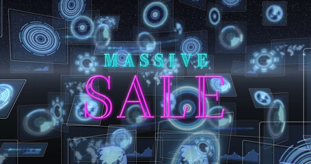 Image of massive sale text and data processing on black background