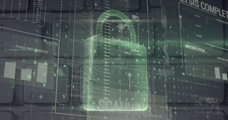 Image of security padlock and data processing over navy background