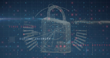 Image of security padlock over data processing on dark background