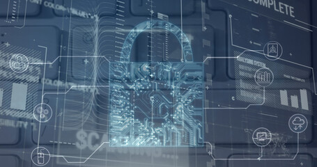 Image of security padlock and data processing over navy background