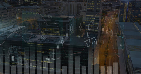 Image of statistics processing and mathematical equations over cityscape