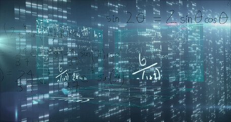 Fototapeta premium Image of scientific formulae over computer servers with data