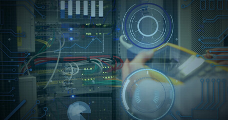 Image of data processing over caucasian woman inspecting server room