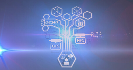 Image of light spots and business icons on blue background