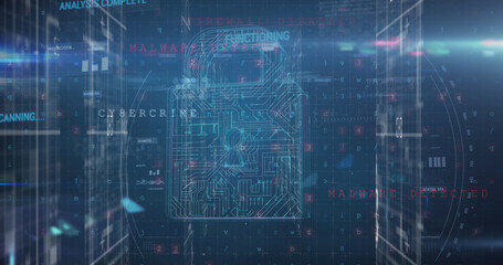 Image of online security padlock and data processing over scope