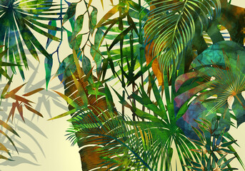 Fototapety  Tropical wallpaper in colorful and multicolor colors. Jungle, and Jungalow Style. Palm leaves and bamboo