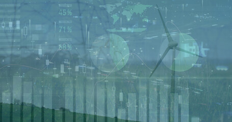 Image of data processing and icons over windmill