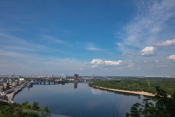 View on Dnipro river from pedestrian and bicycle bridge across Saint Volodymyr descent  in Kyiv, Ukraine