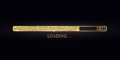 2023 New Year gold progress bar. Golden loading bar with glitter particles on black background for Christmas greeting card. Design template for holiday party invitation. Concept of festive banner