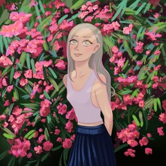 Beautiful cartoon cute girl and oleander bush in summer sunshine