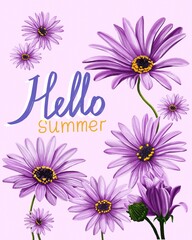 greeting card "Hello summer" with purple summer flowers