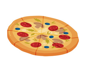 Appetizing Italian Pizza as Round Hot Dough Topped with Salami and Mushroom Vector Illustration