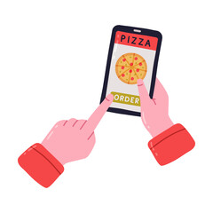 Order Pizza Online with Hand Holding Smartphone with Pizza on Screen Vector Illustration