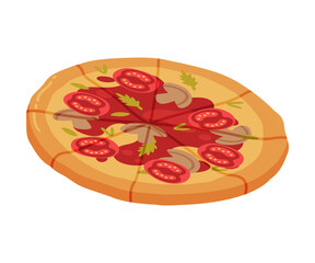 Appetizing Italian Pizza as Round Hot Dough Topped with Tomato and Mushroom Vector Illustration