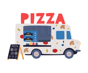 Pizza Food Truck as Equipped Motorized Vehicle for Cooking and Selling Street Food Vector Illustration