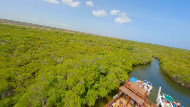 People on ecotourism platform along river crossing mangrove forest in El Morro National park, Montecristi, Dominican Republic. Aerial fpv