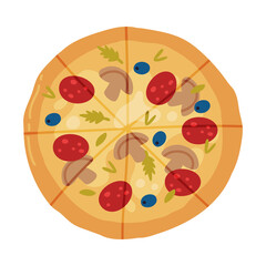 Appetizing Italian Pizza as Round Hot Dough Topped with Salami and Mushroom Above View Vector Illustration
