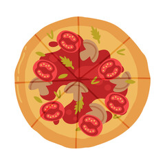 Appetizing Italian Pizza as Round Hot Dough Topped with Tomato and Mushroom Above View Vector Illustration