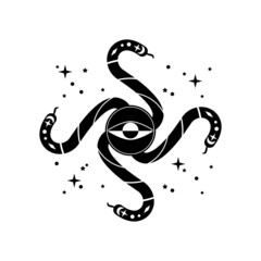 Fototapeta premium Black snake with eye and celestial stars mystic witch boho tattoo flat vector icon design.