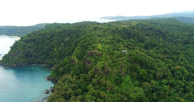 Flying towards  Belo Monte viewpoint, with amazing view from Prince Island.Príncipe is the world's first Biosphere Reserve by UNESCO, Sao Tome,Africa