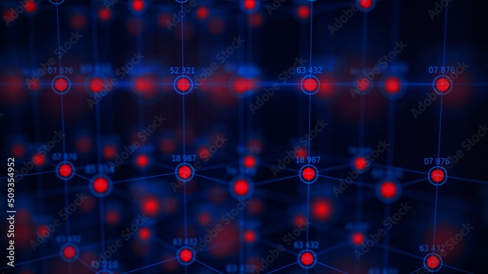 Poster Ordered structure with red circles and blue numbers. Futuristic infografic. Financial analytics. Network connection. Technology blockchain concept. Connecting dots and lines on dark background. 3d