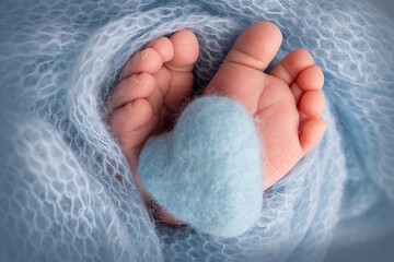 Knitted blue heart in the legs of a baby. Soft feet of a new born in a blue wool blanket. Close-up of toes, heels and feet of a newborn. Macro photography the tiny foot of a newborn baby.