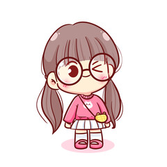 Happy cute kid girl childhood hand drawn cartoon character illustration