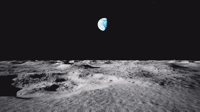 Space walking on the surface of the moon while looking at the Earth
