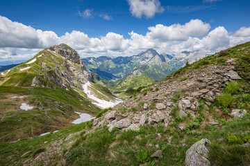 Beautiful nature. Mountain hiking Trail Road. Italy Lago Avostanis Casera Pramosio Alta