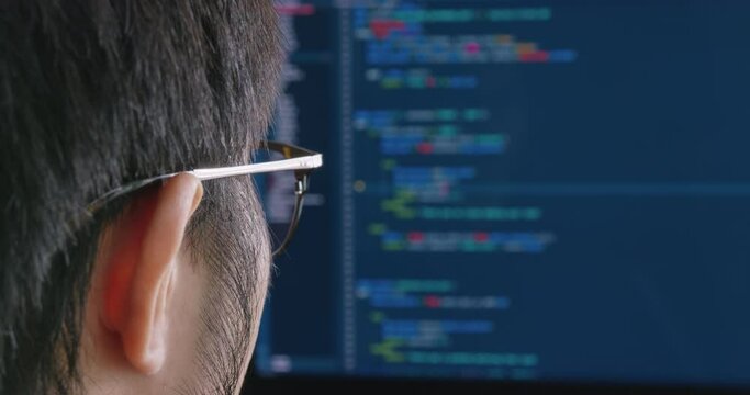 Digital transformation future workforce web DEV career development. Asia people young talent man busy work at home office reskill upskill martech job remote test on AI cloud computing cyber security.