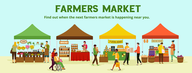 Fototapeta Farmer's market, local food stalls with people shopping farm produce obraz