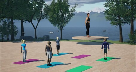 Virtual reality - people playing as avatars participating in yoga training event in metaverse with real female coach. Online workout training, VR or mobile fitness application 
