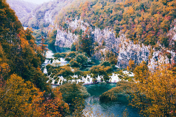 Autum colors and waterfalls of Plitvice National Park - 509356594