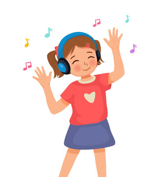 recommend clip art: Happy cute little girl dancing while listening to music with headphone 