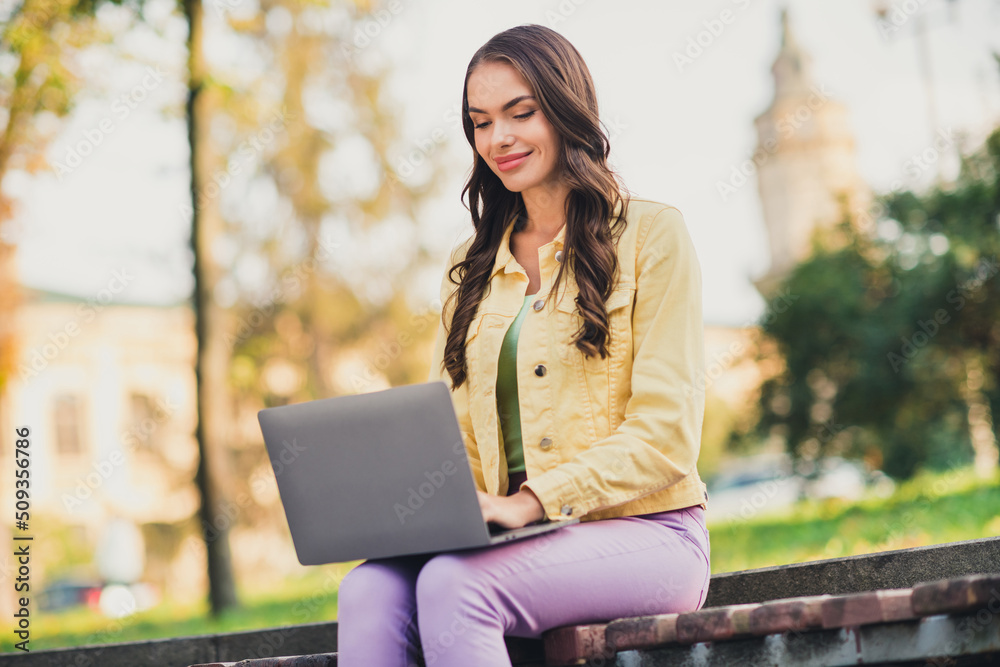 Canvas Prints Portrait of attractive focused cheery long-haired girl traveling using laptop chatting typing email outdoors